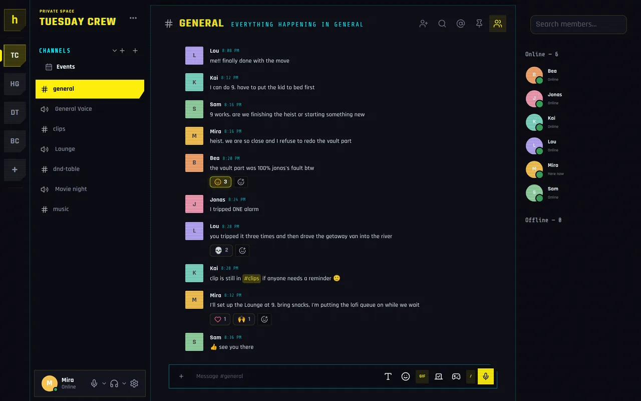 Hoffle'ın Cyberpunk teması: siyah üstünde asit sarısı, seçili kanal kesik sarı bir sekme ve camgöbeği etiketler