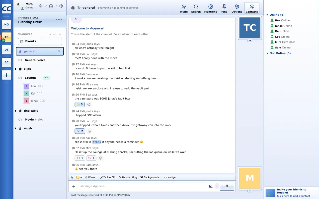 MSN Messenger temasında bir Hoffle kanalı: her mesajın başında “diyor ki:” ve Göz kırp, Ses klibi, El yazısı, Arka plan, Titreşim düğmeleri